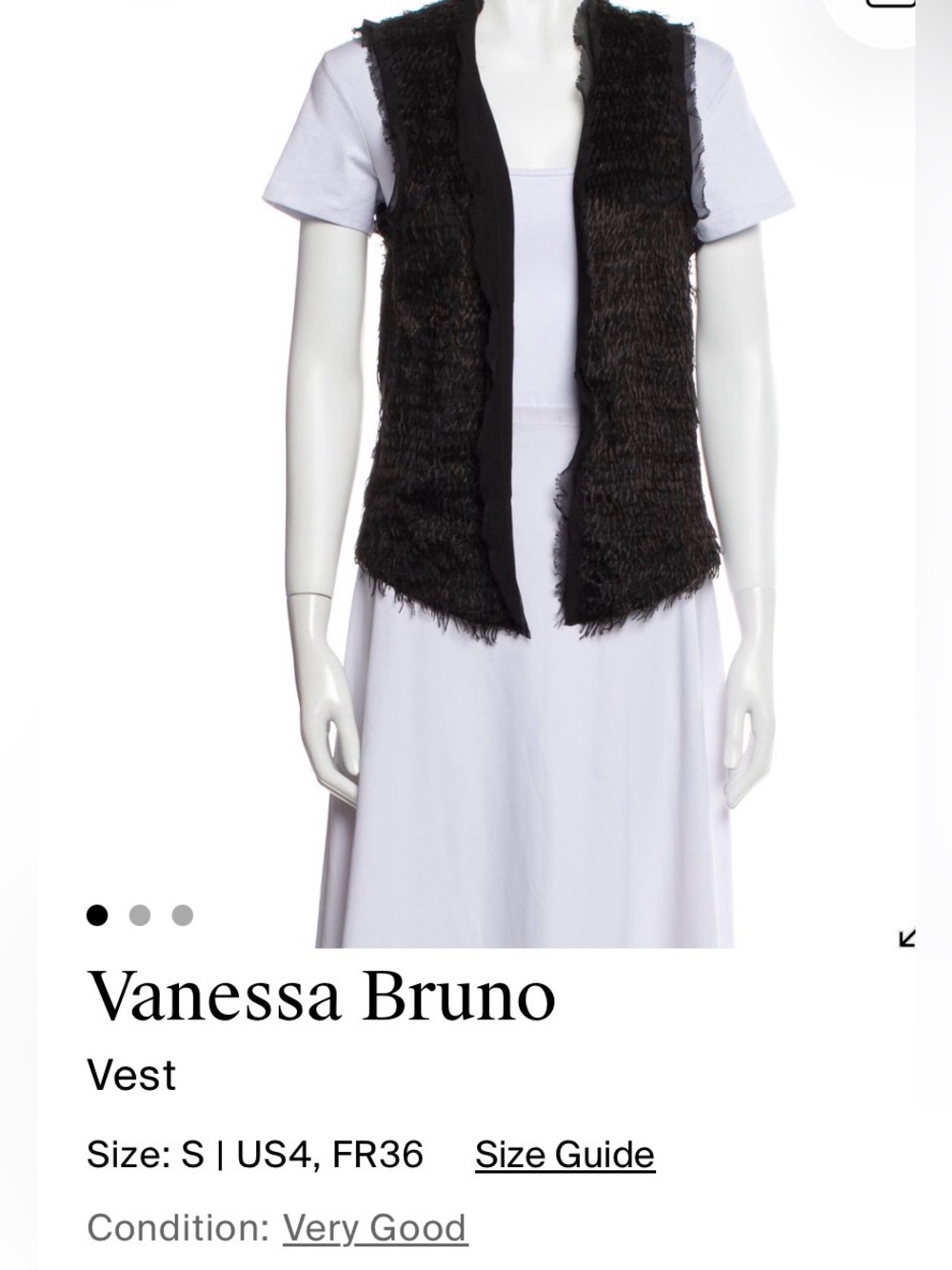 Vanessa Bruno Black Silk Blend Eyelash Fringe Open Front Vest Size S